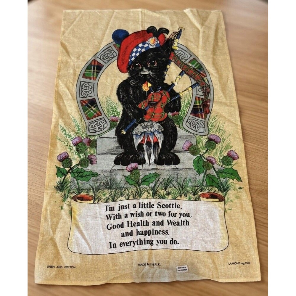 VTG Black Scottie Dog Lined Tea Kitchen Towel Terrier Poem Bagpipes by Lamont